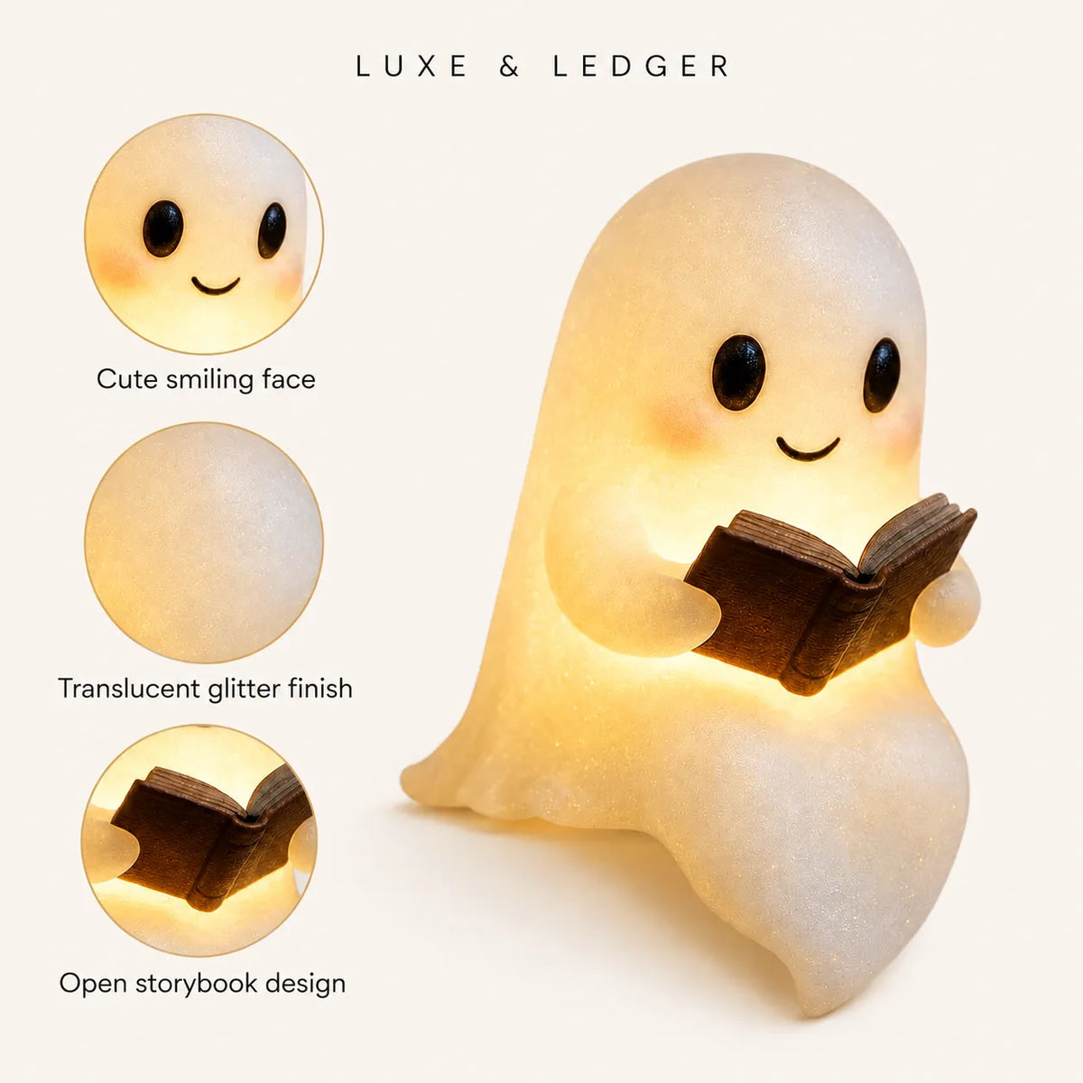 A cute ghost-shaped night light reading a book, shown on a light beige background with three circular detail callouts and the text 'LUXE & LEDGER' at the top. The ghost is translucent warm white with black eyes and a smiling face, glowing from within, and holds an open dark brown book.