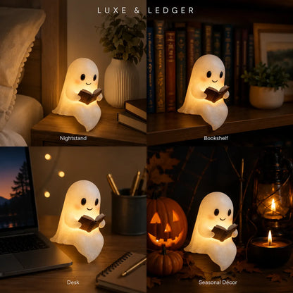 A four-panel collage showing a small ghost-shaped night light reading a book in different real-world settings: nightstand, bookshelf, desk, and seasonal decor. The top text reads 'LUXE & LEDGER', and labels below each panel say 'Nightstand', 'Bookshelf', 'Desk', and 'Seasonal Decor'.