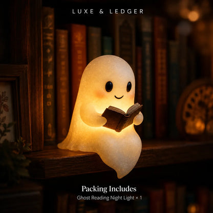 A glowing ghost-shaped night light reading a small book, placed on a wooden bookshelf in a cozy room setting. The text 'LUXE & LEDGER' appears at the top, and 'Packing Includes Ghost Reading Night Light x 1' is written at the bottom.