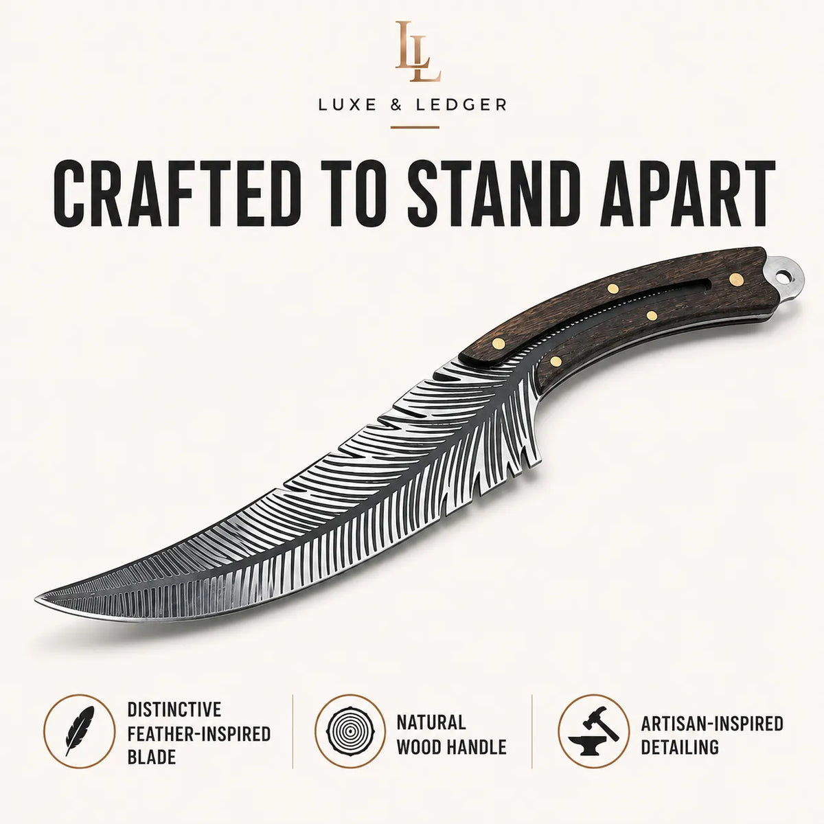 Luxe & Ledger custom folding pocket knife with a feather-inspired wavy steel blade, a dark wood handle, and brass pins, set against a light beige background with promotional text and feature icons.