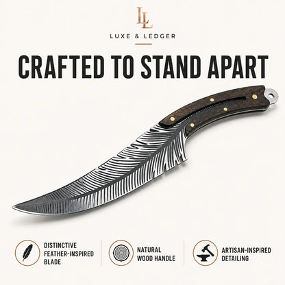 Luxe & Ledger custom folding pocket knife with a feather-inspired wavy steel blade, a dark wood handle, and brass pins, set against a light beige background with promotional text and feature icons.