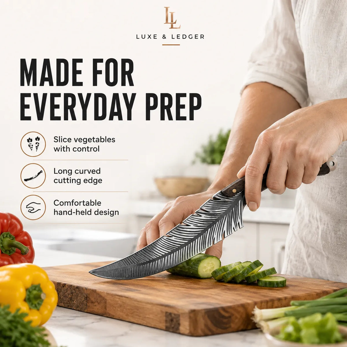 A person in a kitchen holds a Luxe & Ledger knife slicing a cucumber on a wooden cutting board, with product marketing text and vegetable props visible.