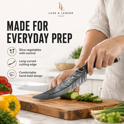 A person in a kitchen holds a Luxe & Ledger knife slicing a cucumber on a wooden cutting board, with product marketing text and vegetable props visible.