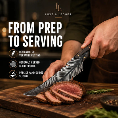 A person slicing a cooked steak with a Luxe & Ledger knife on a wooden cutting board, with promotional text reading 'FROM PREP TO SERVING' and feature callouts on the left.