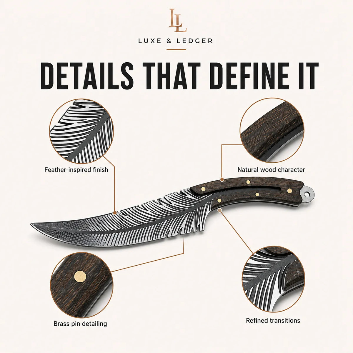 A promotional graphic for a folding knife by Luxe & Ledger, titled 'DETAILS THAT DEFINE IT.' The main subject is the knife itself, shown on a light beige background with four callout circles highlighting features: feather-inspired finish, natural wood character, brass pin detailing, and refined transitions.