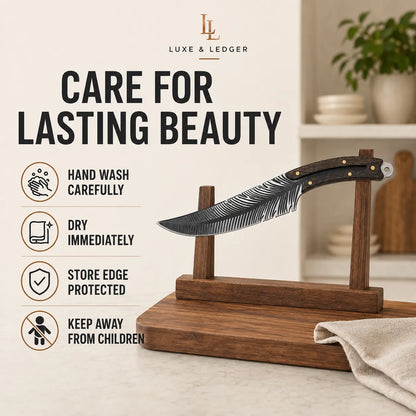 A decorative fixed-blade knife with a patterned dark blade and brown handle rests on a wooden display stand. Large text on the left reads 'CARE FOR LASTING BEAUTY' with care instructions, and the Luxe & Ledger brand name appears at the top.