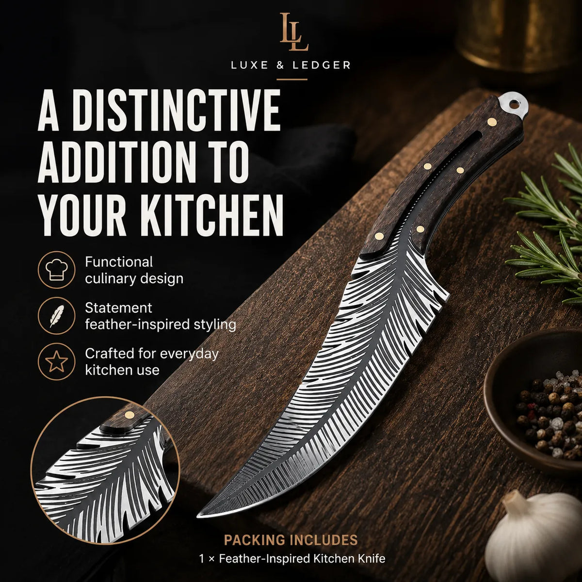 A large decorative kitchen knife with a feather-inspired patterned blade and dark handle is displayed on a wooden cutting board with kitchen props. Text on the left reads 'A DISTINCTIVE ADDITION TO YOUR KITCHEN' with Luxe & Ledger branding at the top.