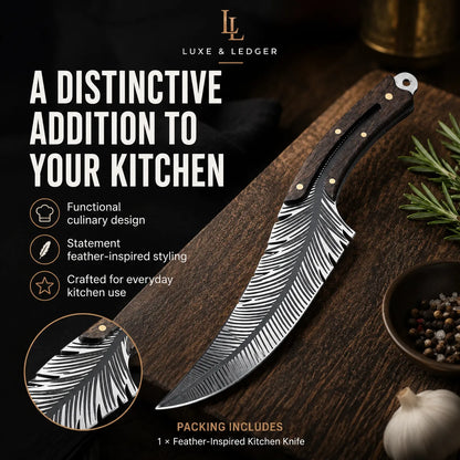 A large decorative kitchen knife with a feather-inspired patterned blade and dark handle is displayed on a wooden cutting board with kitchen props. Text on the left reads 'A DISTINCTIVE ADDITION TO YOUR KITCHEN' with Luxe & Ledger branding at the top.