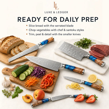 Luxe & Ledger kitchen knife set displayed on cutting boards with bread, vegetables, and sliced meat, with promotional text reading 'READY FOR DAILY PREP' above.