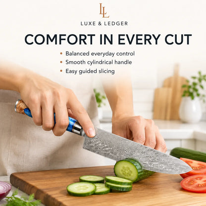 A person slicing a cucumber with a Luxe & Ledger kitchen knife on a wooden cutting board, with promotional text above reading 'COMFORT IN EVERY CUT' and bullet points about balanced control, smooth handle, and easy guided slicing.