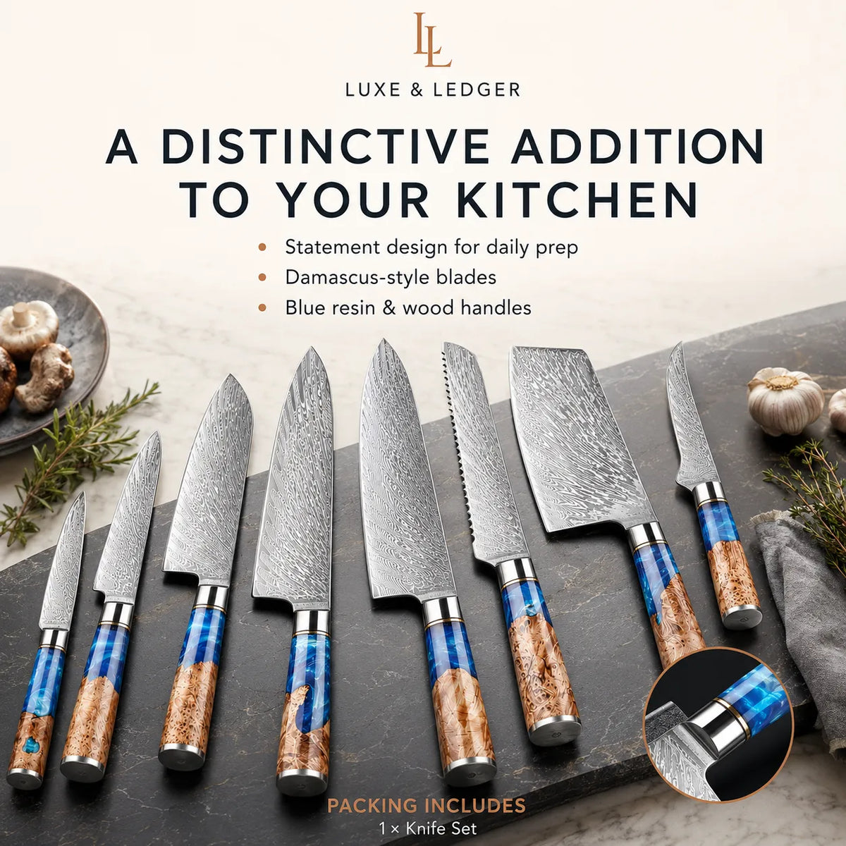 A set of seven Luxe & Ledger kitchen knives with patterned steel blades and blue-and-wood handles, arranged on a dark stone board with garlic, herbs, and a plate of mushrooms around them. Text above reads 'A DISTINCTIVE ADDITION TO YOUR KITCHEN' with Luxe & Ledger branding.