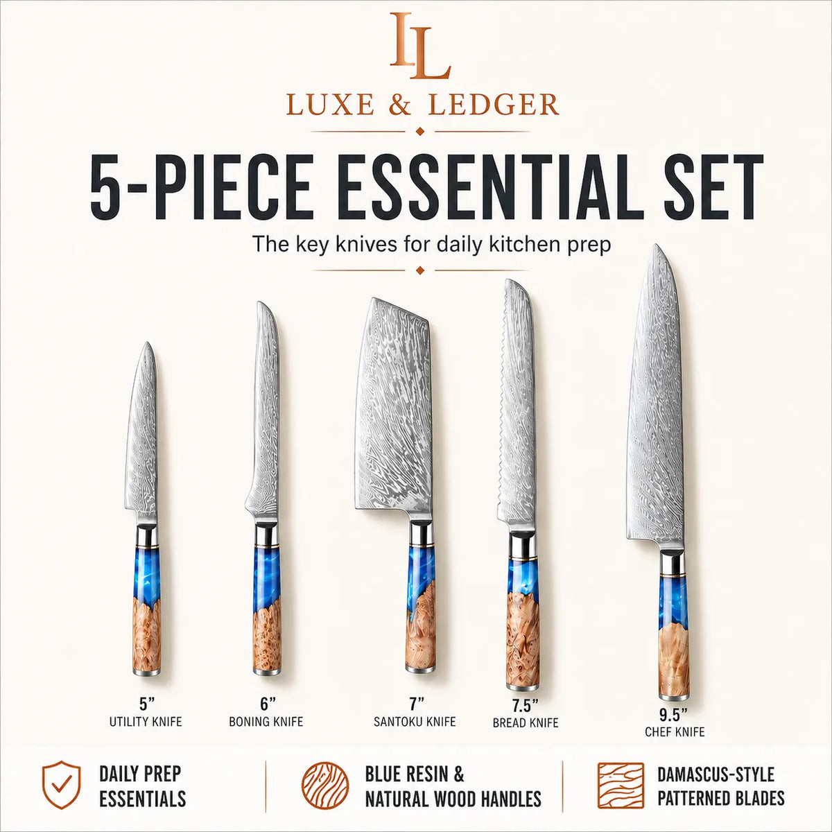 Luxe & Ledger 5-piece essential kitchen knife set displayed on a light cream background with descriptive text and labels. The set includes a 5-inch utility knife, 6-inch boning knife, 7-inch santoku knife, 7.