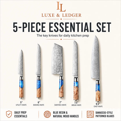 Luxe & Ledger 5-piece essential kitchen knife set displayed on a light cream background with descriptive text and labels. The set includes a 5-inch utility knife, 6-inch boning knife, 7-inch santoku knife, 7.