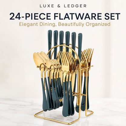 A 24-piece flatware set displayed on a gold metal stand, featuring dark teal handles and gold-toned heads, with promotional text at the top reading 'LUXE & LEDGER 24-PIECE FLATWARE SET'.