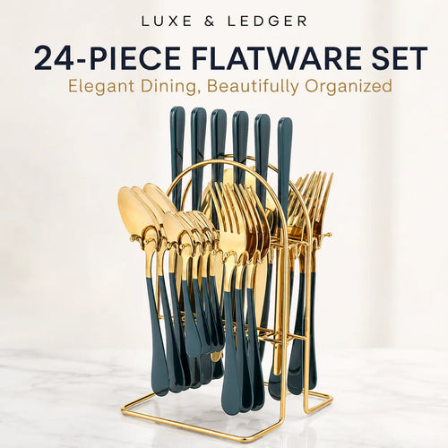 A 24-piece flatware set displayed on a gold metal stand, featuring dark teal handles and gold-toned heads, with promotional text at the top reading 'LUXE & LEDGER 24-PIECE FLATWARE SET'.