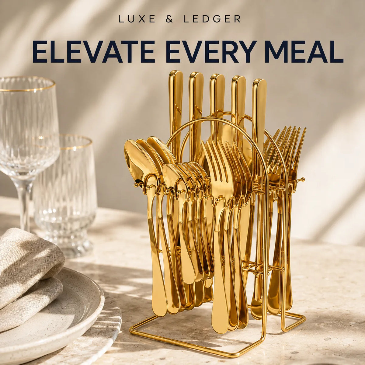 Gold-tone cutlery set displayed in a matching stand on a styled dining table, with wine glasses, plates, and folded napkins in soft sunlight. Text at the top reads 'LUXE & LEDGER' and 'ELEVATE EVERY MEAL'.
