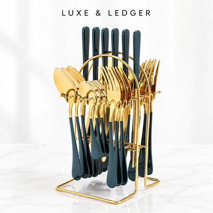 A luxury cutlery set with gold-tone and dark teal handles, displayed on a gold stand against a clean white marble background with the text 'LUXE & LEDGER' at the top.