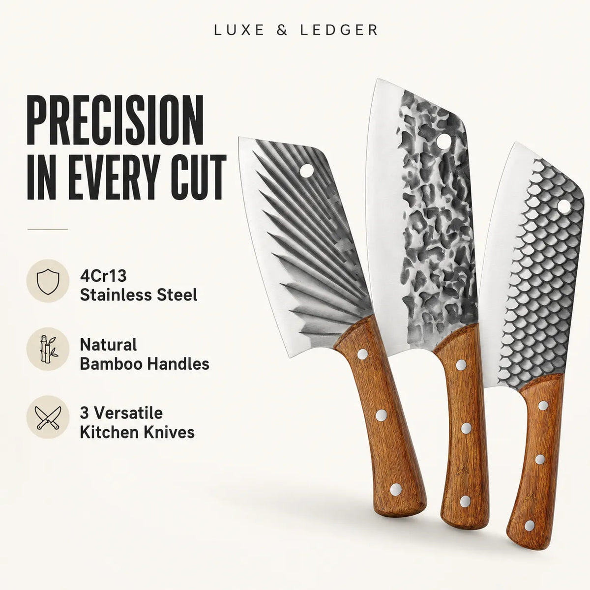 Three kitchen knives from Luxe & Ledger are displayed on a light cream background with promotional text highlighting 4Cr13 stainless steel blades, natural bamboo handles, and versatility. The knives feature distinct blade patterns: a fan blade, a hammered pattern, and a honeycomb pattern.