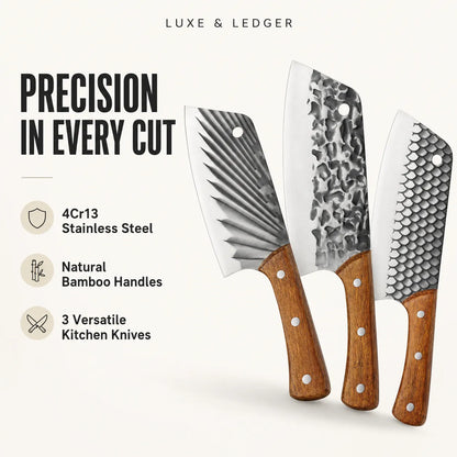 Three kitchen knives from Luxe & Ledger are displayed on a light cream background with promotional text highlighting 4Cr13 stainless steel blades, natural bamboo handles, and versatility. The knives feature distinct blade patterns: a fan blade, a hammered pattern, and a honeycomb pattern.