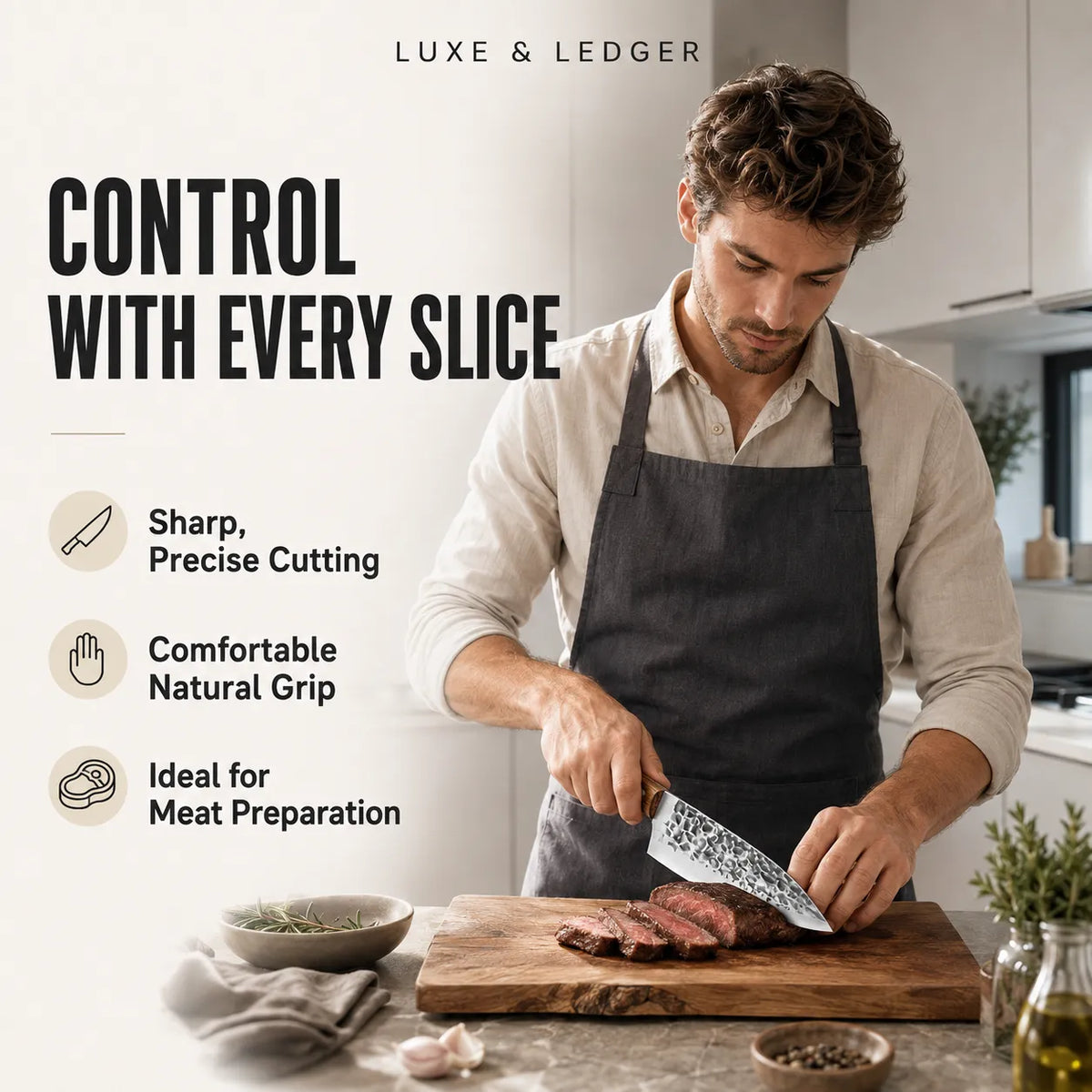 A man in a kitchen wearing a dark gray apron and cutting a steak on a wooden board with a patterned chef's knife. The image features marketing text on the left reading 'CONTROL WITH EVERY SLICE' and 'LUXE & LEDGER' at the top.