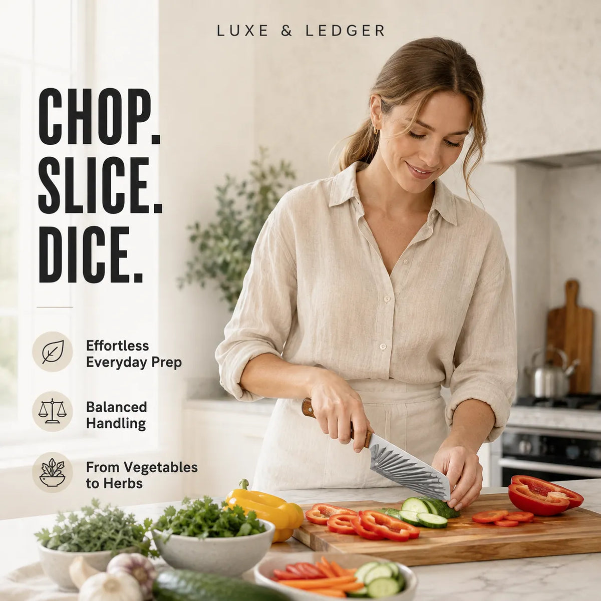 A woman in a kitchen wearing a beige linen shirt slices vegetables on a wooden cutting board. The image includes promotional text for Luxe & Ledger, highlighting effortless everyday prep, balanced handling, and safety.