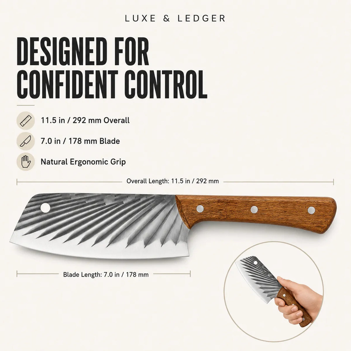Luxe & Ledger chef knife with a wavy patterned steel blade and a brown wooden handle, shown with dimension lines indicating 11.5 in overall length and 7.