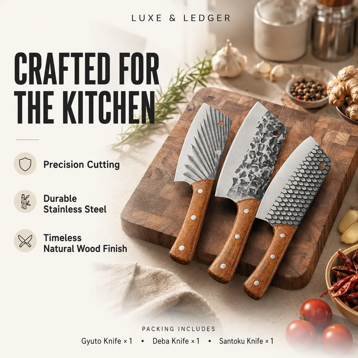 Three kitchen knives with patterned and textured stainless steel blades and natural wood handles displayed on a wooden cutting board, surrounded by cooking ingredients. Text highlights features like precision cutting, durable stainless steel, and timeless natural wood finish.