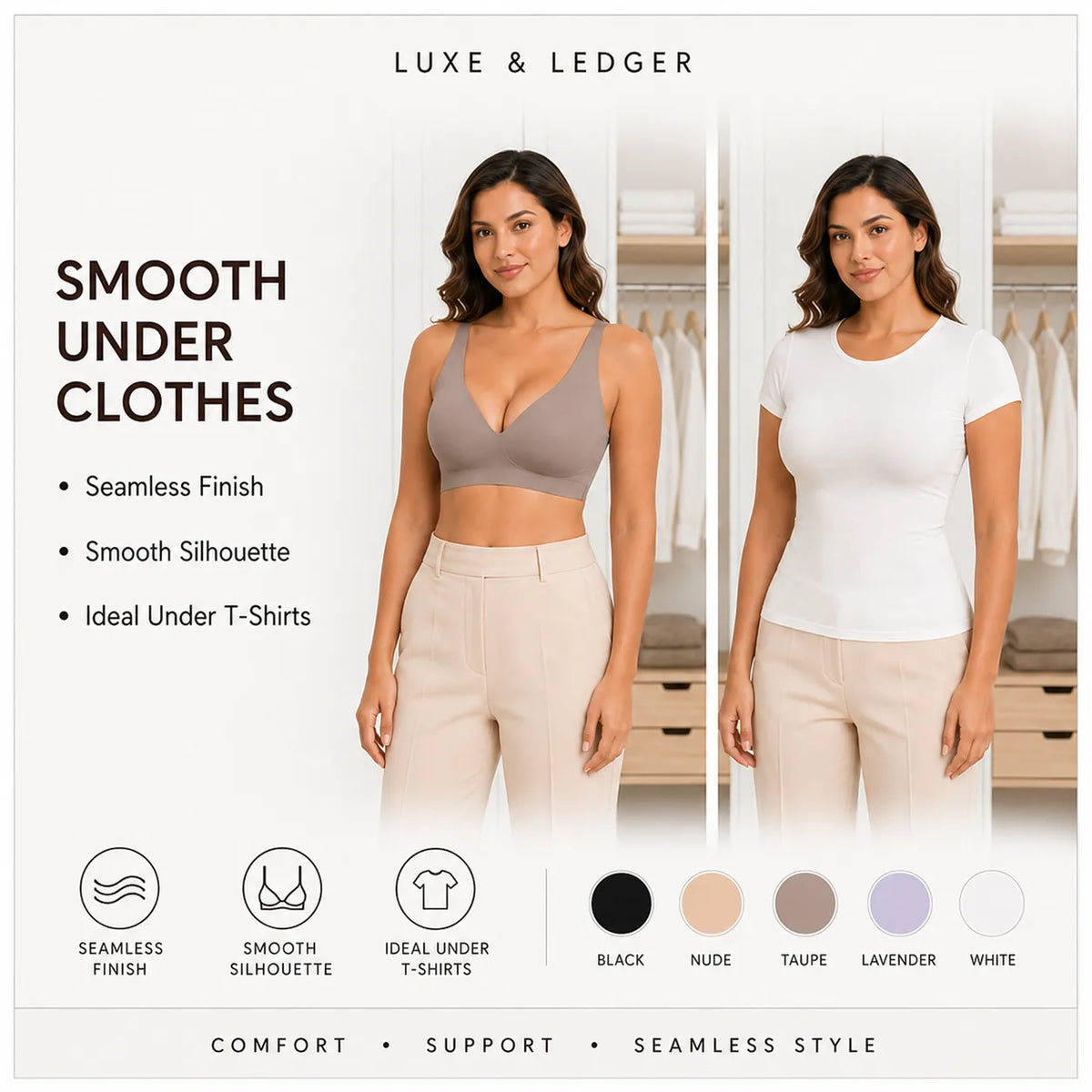 Promotional graphic for a seamless undergarment/shapewear product showing two female models in front of a closet background. The left model wears a taupe-gray bra and beige pants, while the right model wears a white fitted T-shirt.