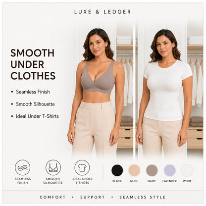 Promotional graphic for a seamless undergarment/shapewear product showing two female models in front of a closet background. The left model wears a taupe-gray bra and beige pants, while the right model wears a white fitted T-shirt.