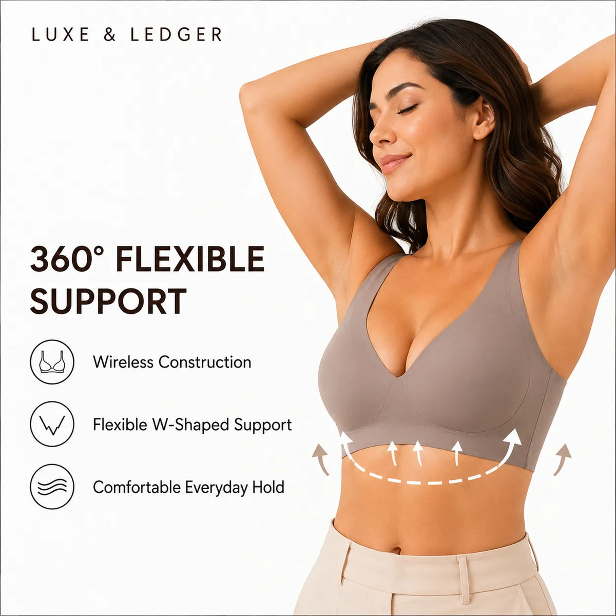 A woman wearing a taupe wireless bralette with arms raised, shown on a white background with marketing text reading '360° FLEXIBLE SUPPORT' and icons for wireless construction, flexible W-shaped support, and comfortable everyday hold. Brand name 'LUXE & LEDGER' appears at the top.