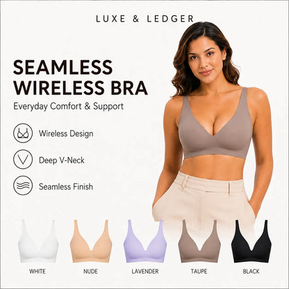 A promotional graphic for a seamless wireless bra by Luxe & Ledger, featuring a woman wearing a taupe V-neck bra on the right and five color options shown along the bottom: white, nude, lavender, taupe, and black.
