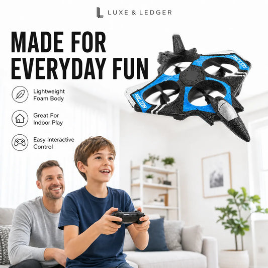 A blue, black, and gray quadcopter drone floating in a bright living room, with a young boy holding a controller in the foreground and a man sitting behind him. Large text reads 'MADE FOR EVERYDAY FUN' with features listed on the left, and the brand 'LUXE & LEDGER' appears at the top.