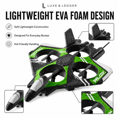 Luxe & Ledger Fractal quadcopter drone with EVA foam protective design, featuring a black and bright green color scheme with white accents, shown with callout diagrams highlighting its soft, impact-resistant foam construction.