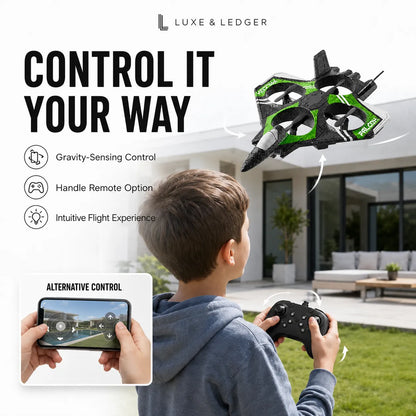 A child outdoors in a backyard controls a green and black Luxe & Ledger remote drone with a handheld controller. The image includes marketing text 'CONTROL IT YOUR WAY', feature icons, a phone app control inset, and the Luxe & Ledger brand logo at the top.