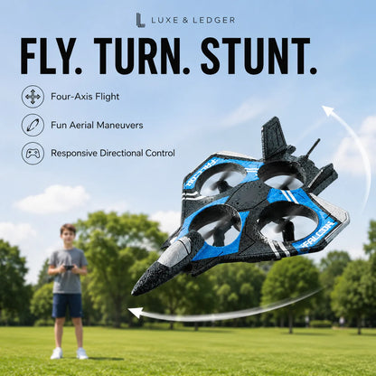 A blue and black toy drone with four propellers is shown flying in an outdoor park, with a child standing in the background holding a remote. The image includes promotional text and icons describing the drone's features: four-axis flight, fun aerial maneuvers, and responsive directional control.
