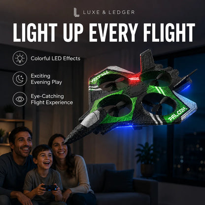 A four-propeller toy drone with glowing green, blue, and red LED lights is shown flying in a dark living room, with a family sitting below holding a controller. The image features promotional text and branding for 'LUXE & LEDGER'.