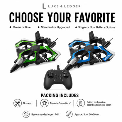 Luxe & Ledger RC drone product graphic showing two drone options with a black remote controller in the center, plus text reading 'Choose Your Favorite' and 'Packing Includes' with drone, remote controller, and battery details.