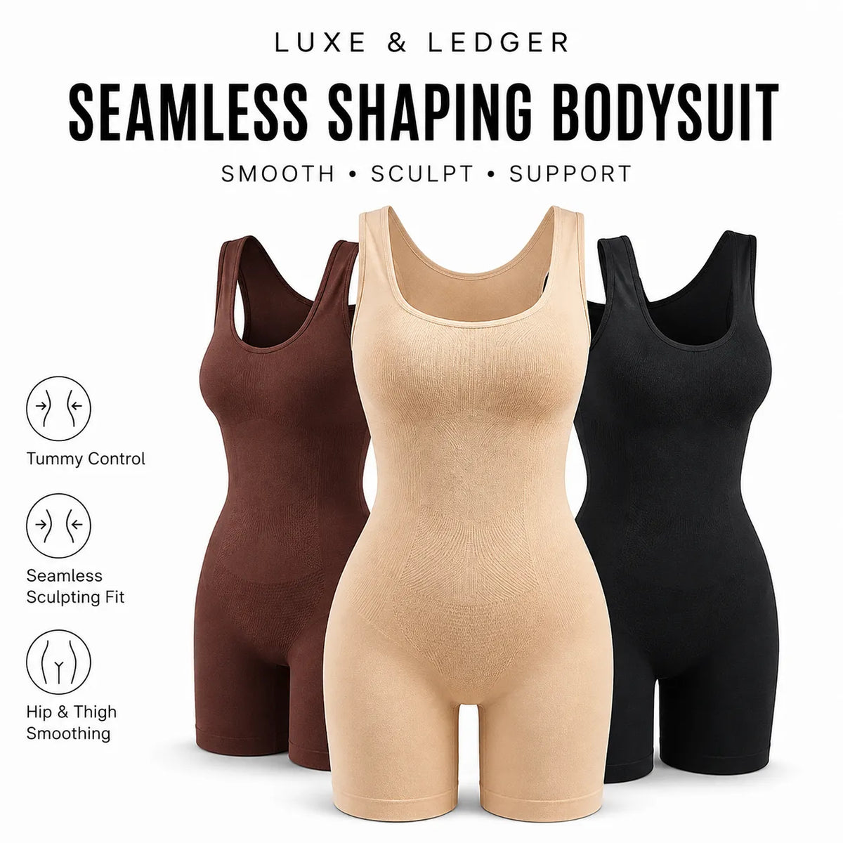 Three seamless shaping bodysuits are shown against a white background, with the center bodysuit in beige in front and two darker bodysuits behind it in brown and black. Text at the top reads 'LUXE & LEDGER' and 'SEAMLESS SHAPING BODYSUIT', with feature icons on the left.