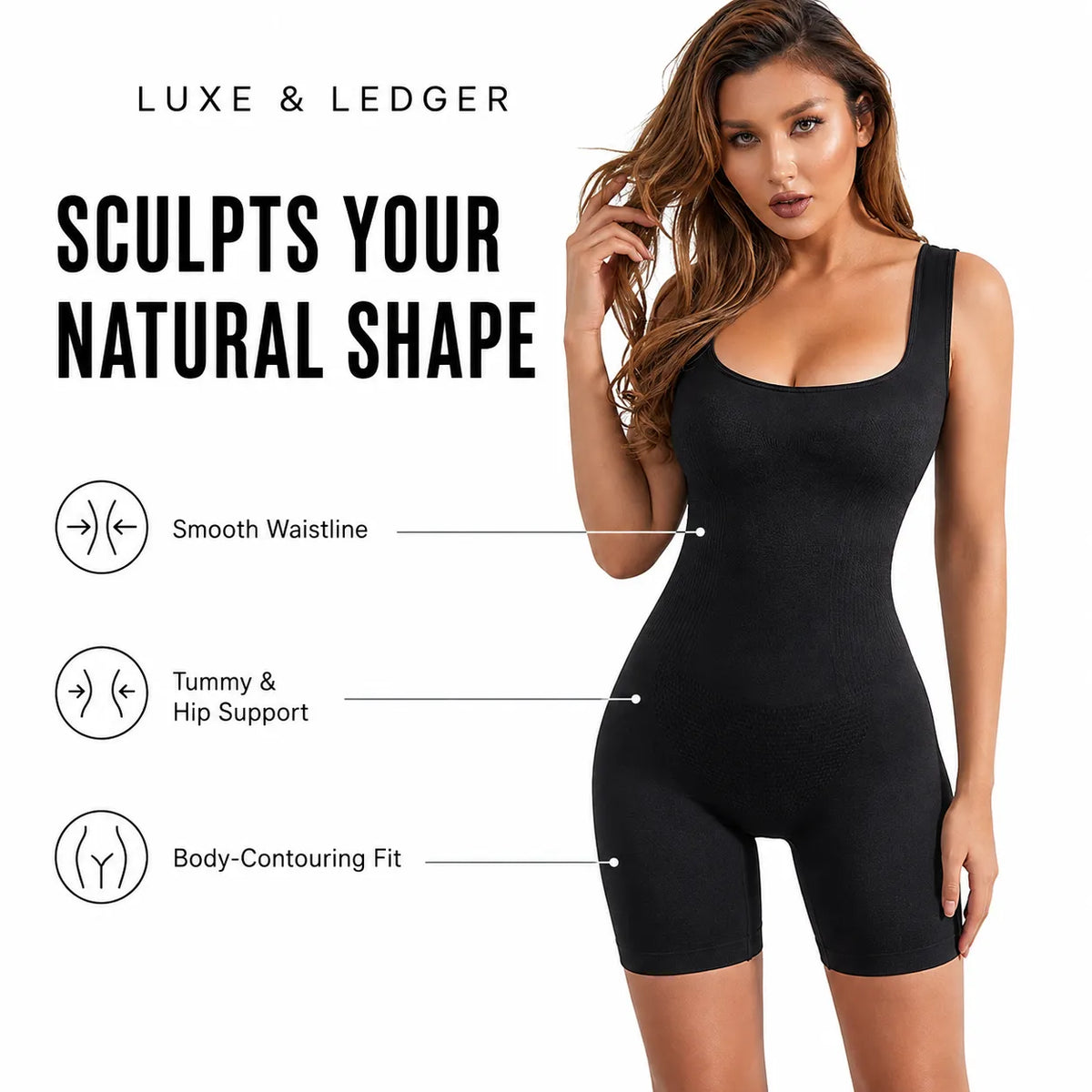 A woman modeling a black shapewear bodysuit with text callouts on a white background. The image includes the brand name 'LUXE & LEDGER' and claims such as 'SCULPTS YOUR NATURAL SHAPE,' 'Smooth Waistline,' 'Tummy & Hip Support,' and 'Body-Contouring Fit.