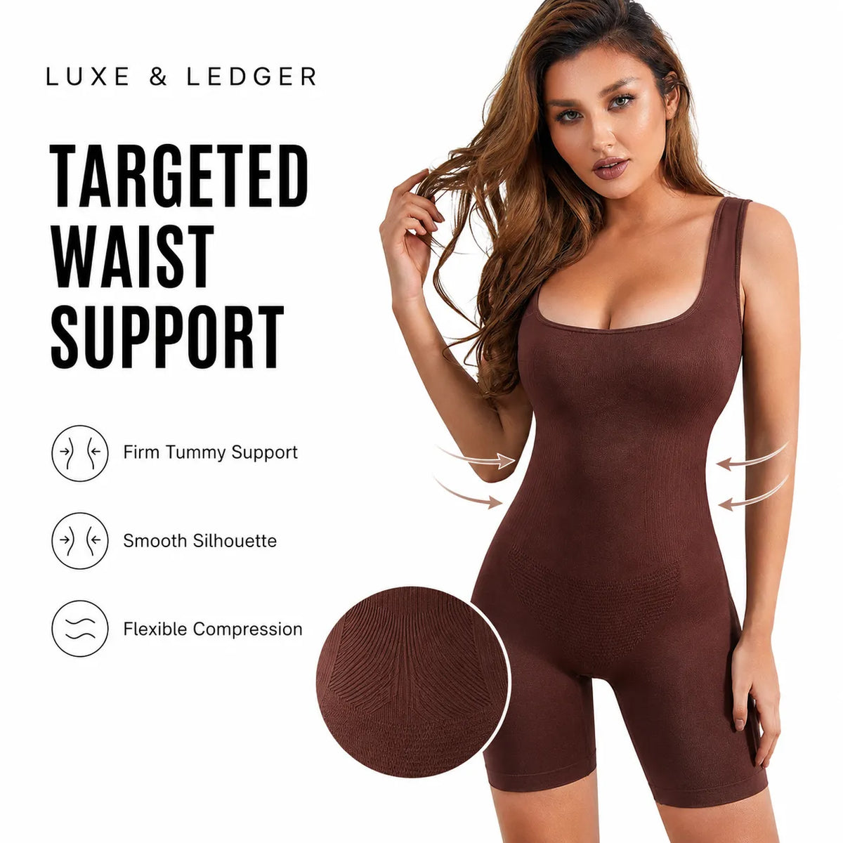 A woman modeling a brown ribbed compression bodysuit with text reading 'LUXE & LEDGER TARGETED WAIST SUPPORT' and feature callouts on a white background, plus a fabric close-up inset.