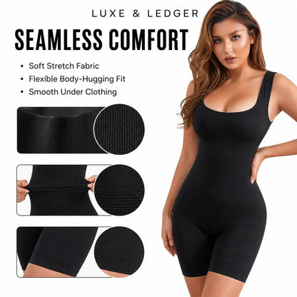 A woman modeling a black seamless shapewear bodysuit against a white background, with promotional text reading 'LUXE & LEDGER' and 'SEAMLESS COMFORT' plus fabric detail circles and inset close-ups.
