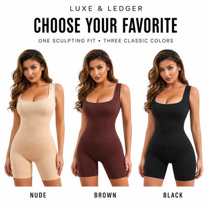 Three models wearing sculpting shapewear bodysuits in Nude, Brown, and Black, with text at the top reading 'LUXE & LEDGER' and 'CHOOSE YOUR FAVORITE'.