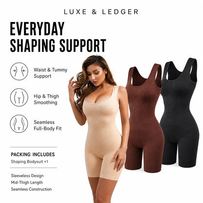 A woman modeling a beige shapewear bodysuit on a white background, with two additional bodysuits in brown and black shown behind her. Text reads 'EVERYDAY SHAPING SUPPORT' and 'LUXE & LEDGER', with feature callouts for waist and tummy support, hip and thigh smoothing, and seamless full-body fit.