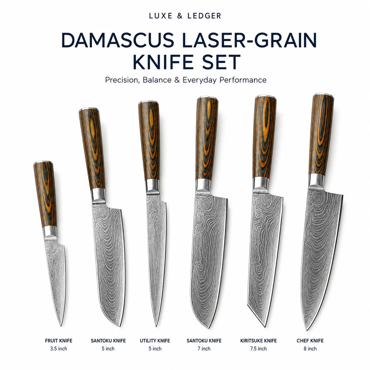 Six Damascus steel kitchen knives with patterned blades and dark wood handles are arranged vertically on a white background, with text labels naming each type and size. The top reads 'LUXE & LEDGER' and 'DAMASCUS LASER-GRAIN KNIFE SET.