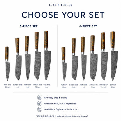 A product information graphic for the Luxe & Ledger knife set, showing two options: a 5-piece set and a 6-piece set. Each set features a fruit knife, santoku knife, utility knife, kirkuscle knife, and chef knife with patterned steel blades and dark wood handles.