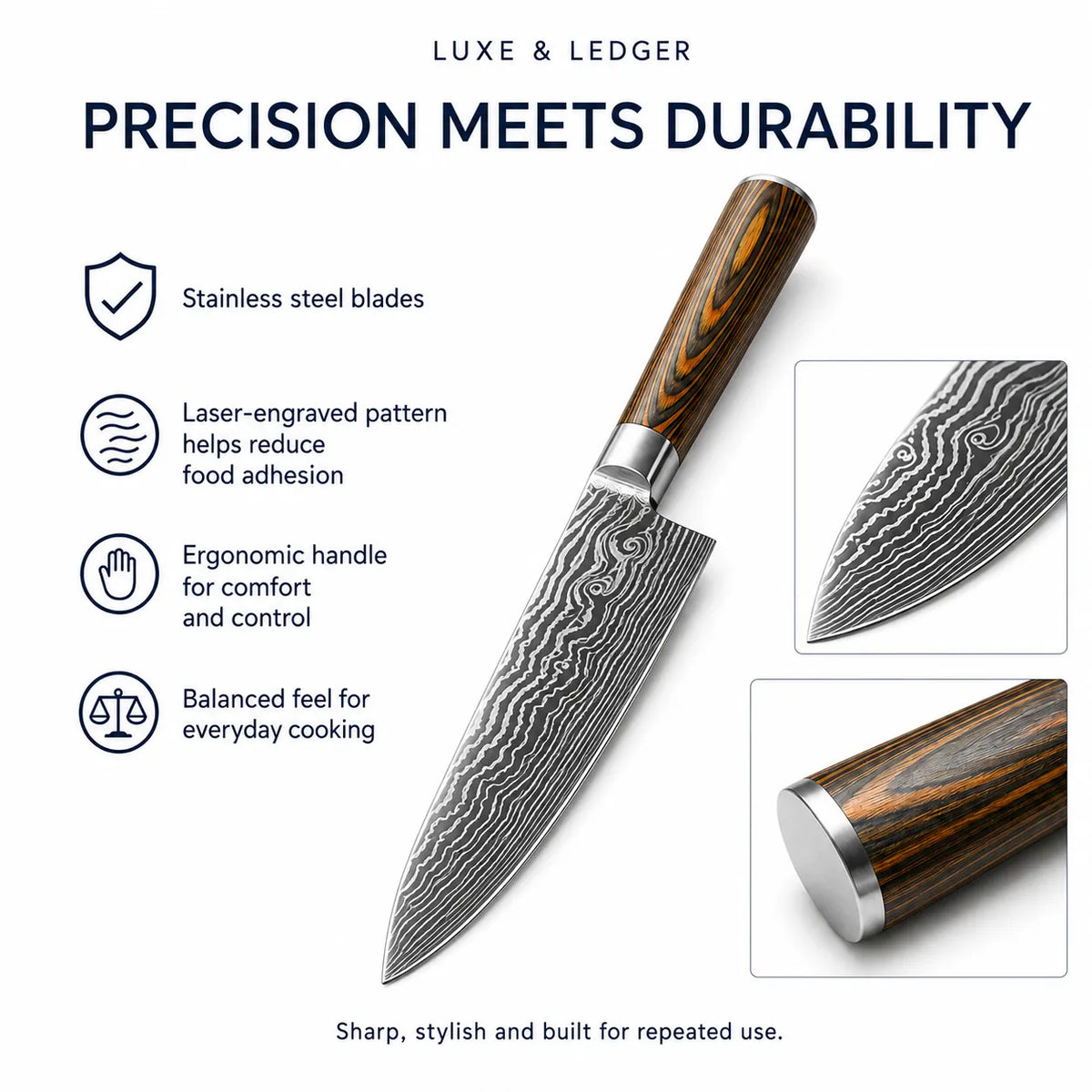 A kitchen knife with a patterned Damascus-style steel blade and a dark wood handle, shown on a clean white background with marketing text and close-up inset views of the blade and handle. The top reads 'LUXE & LEDGER' and 'PRECISION MEETS DURABILITY.