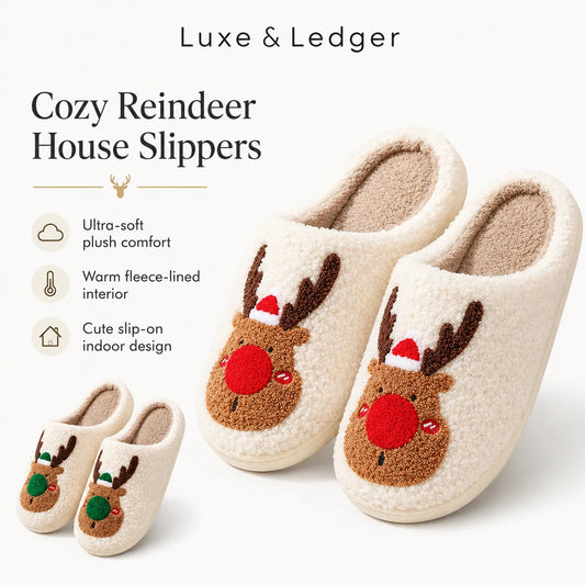 Cozy reindeer house slippers in a plush cream sherpa fabric with brown antlers, red noses, and Santa hats, shown on a clean white background with marketing text and a small inset of the slippers.