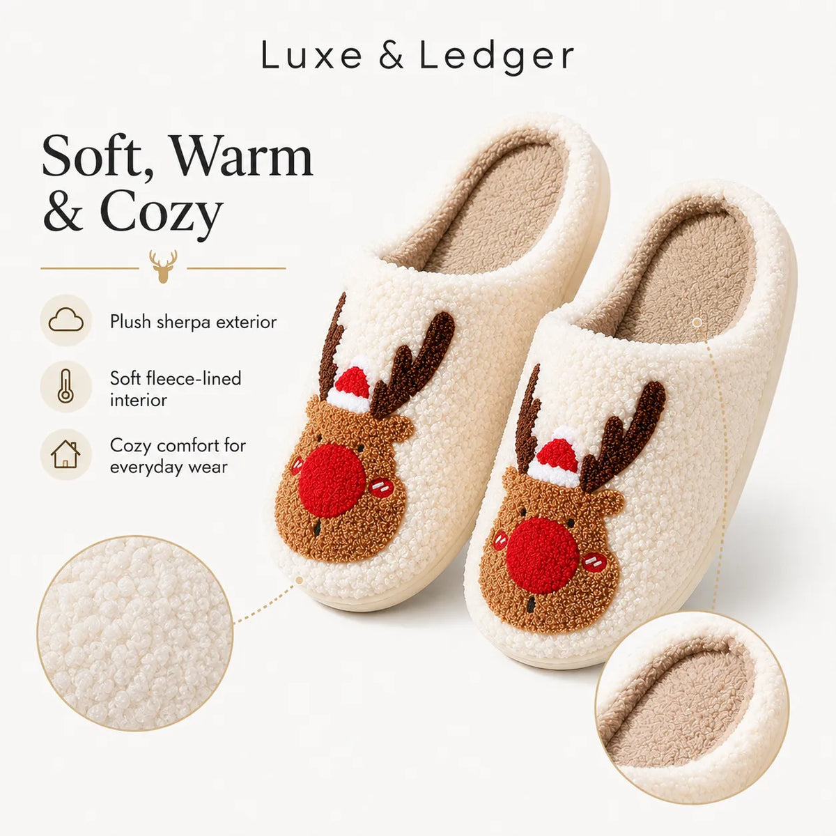 A pair of plush cream-colored slipper mugs with a brown reindeer face and red nose on the front, shown on a light beige background with marketing text and detail callouts.