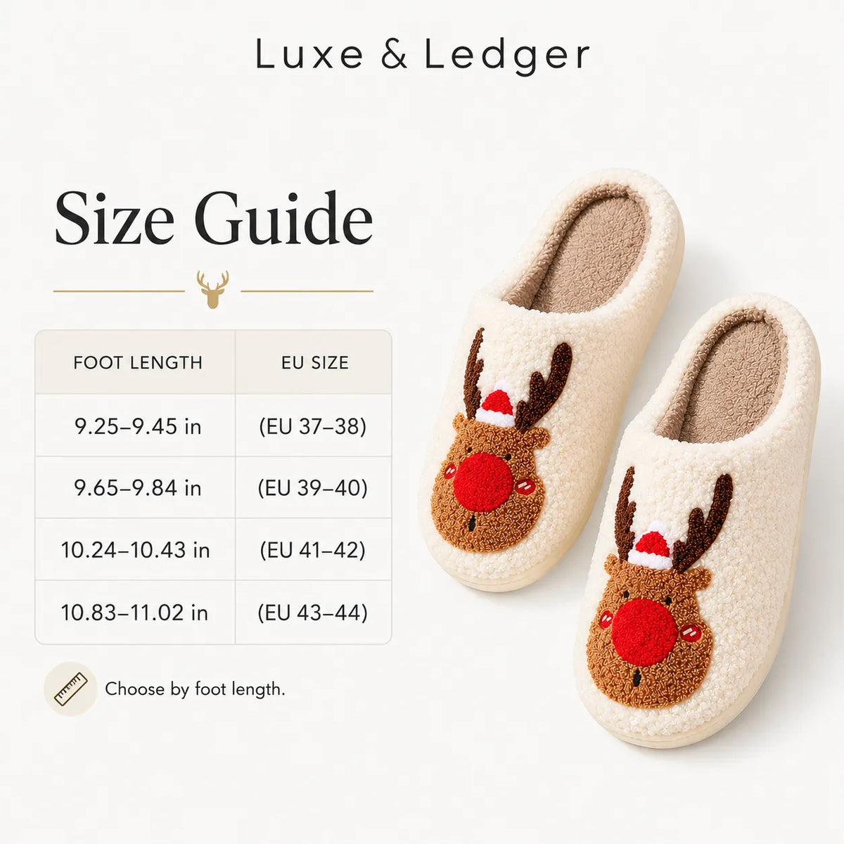 Size guide graphic for Luxe & Ledger slippers, showing foot length to EU size conversions and a pair of cream plush slip-on slippers with brown reindeer faces and red Santa hats on a light background.