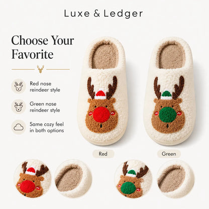 A product comparison graphic for festive slipper pairs labeled Luxe & Ledger. The image shows two pairs of cream-colored fuzzy slipper mules with reindeer faces: one with a red nose and Santa hat, and one with a green nose and green hat.